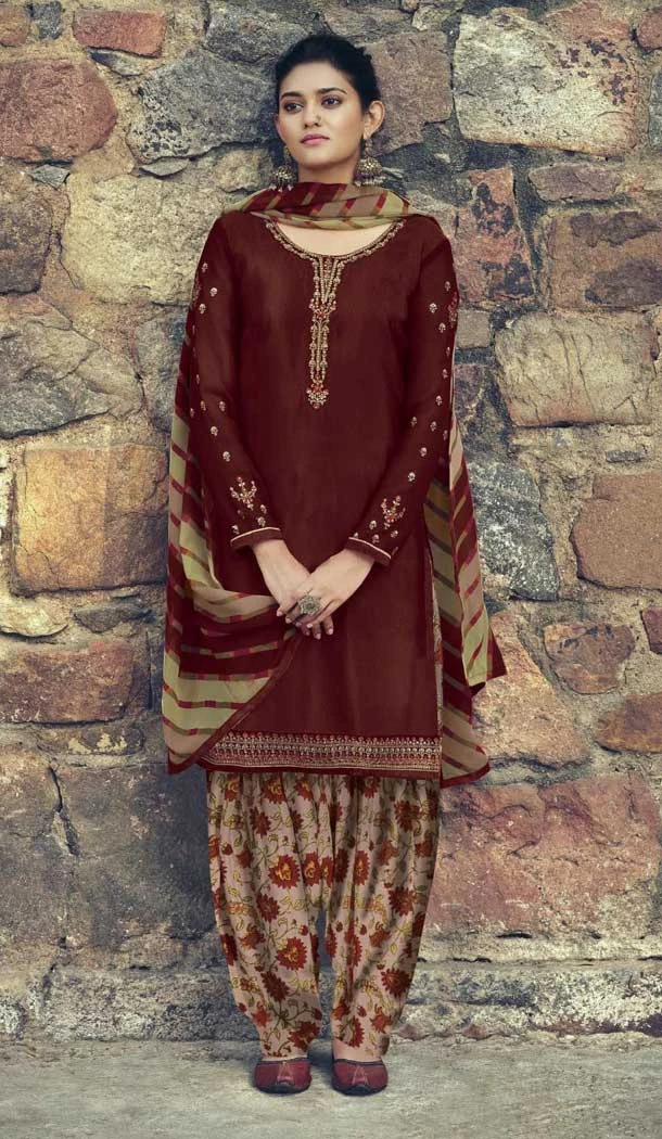 Coffee Color French Creap Embroidered Punjabi Patiyala Salwar Suit -2081135875