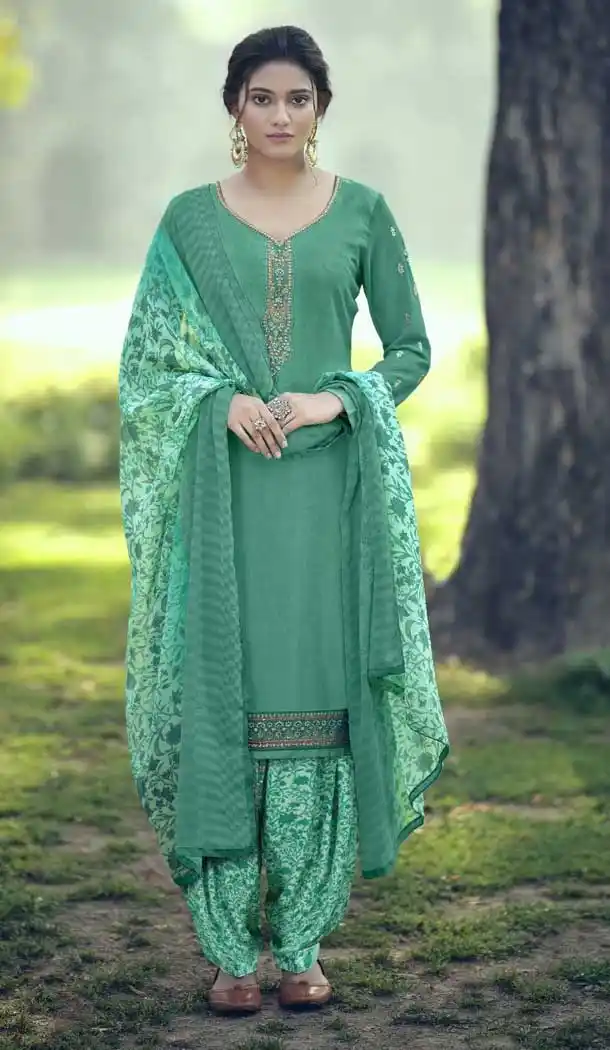 Aqua Green Color French Creap Embroidered Punjabi Patiyala Salwar Suit -2081135876