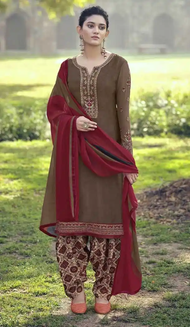 Brown Color French Creap Embroidered Punjabi Patiyala Salwar Suit -2081135877