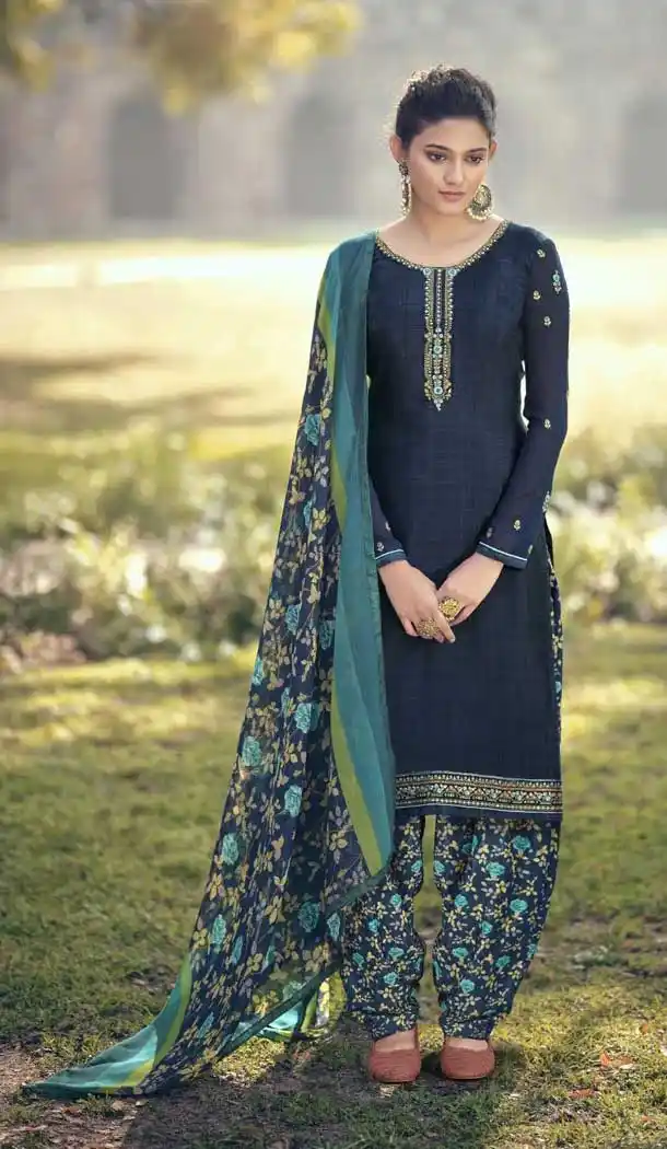 Blue Color French Creap Embroidered Punjabi Patiyala Salwar Suit -2081135878
