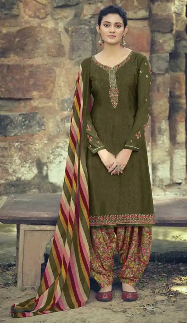 Mehendi Green Color French Creap Embroidered Punjabi Patiyala Salwar Suit -2081135880