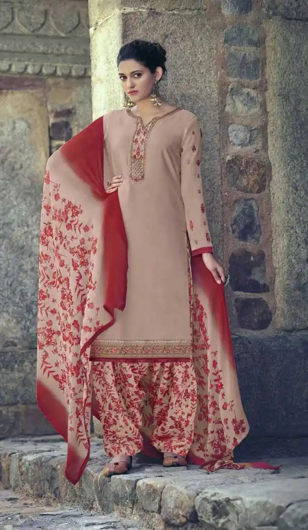 Peach Color French Creap Embroidered Punjabi Patiyala Salwar Suit -2081135881