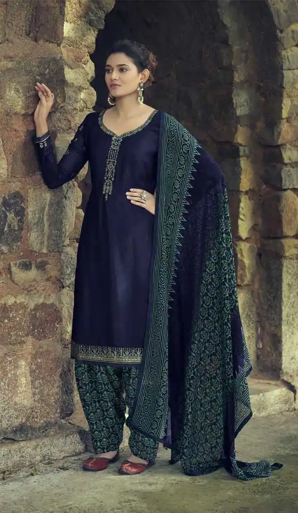 Navy Blue Color French Creap Embroidered Punjabi Patiyala Salwar Suit -2081135882