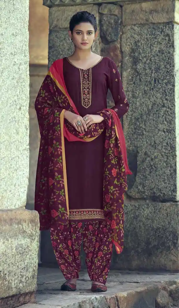 Purple Color French Creap Embroidered Punjabi Patiyala Salwar Suit -2081135883