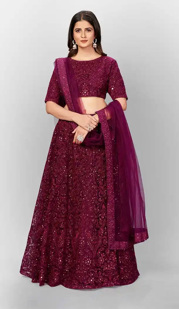 Wine Color Soft Net Designer Party Wear Women Lehenga Choli -2102136058