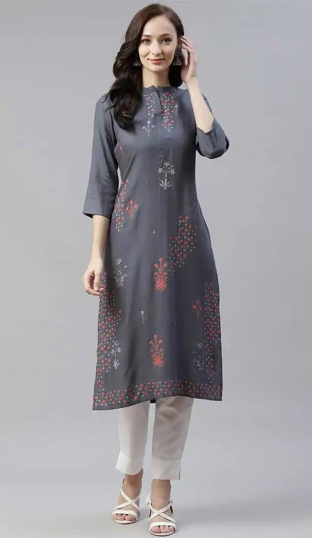 Grey Color Poly Rayon Casual Party Wear Readymade Plus Size Kurti -2105136126