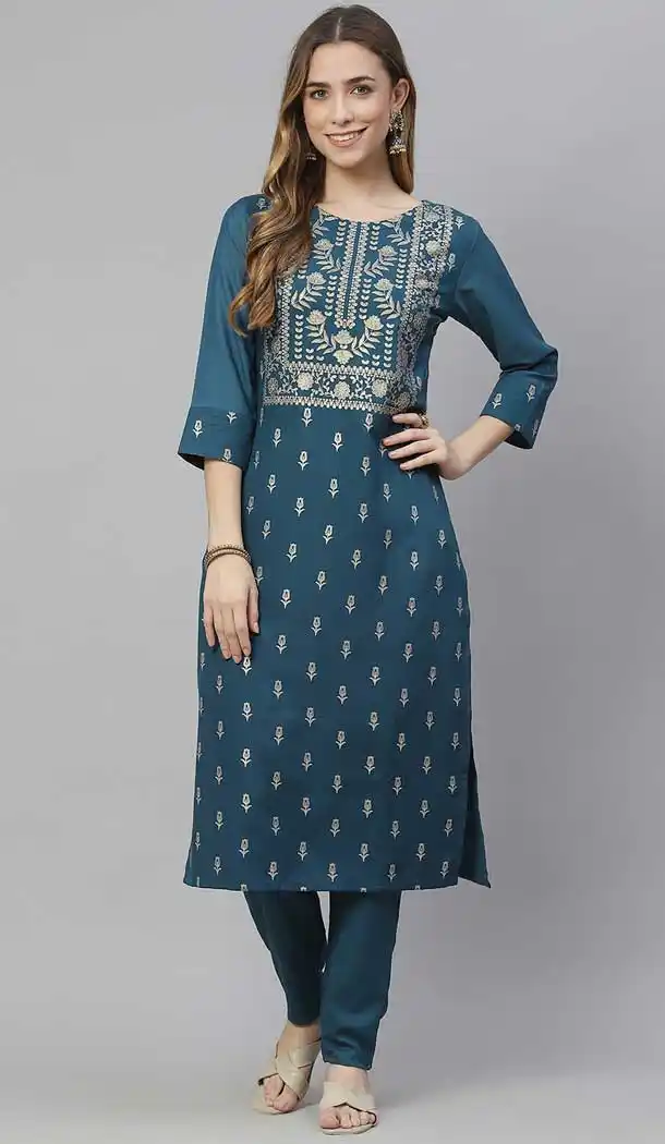 Sea Blue Color Poly Rayon Casual Party Wear Readymade Plus Size Kurti -2105136136