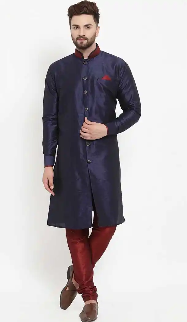 Navy Blue Color Banarasi Dhupion Silk Plus Size Men Kurta Pajama -2114136229