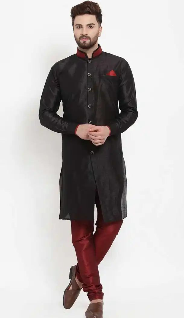 Contemporary Black Color Banarasi Dhupion Silk Plus Size Men Kurta Pajama -2114136232