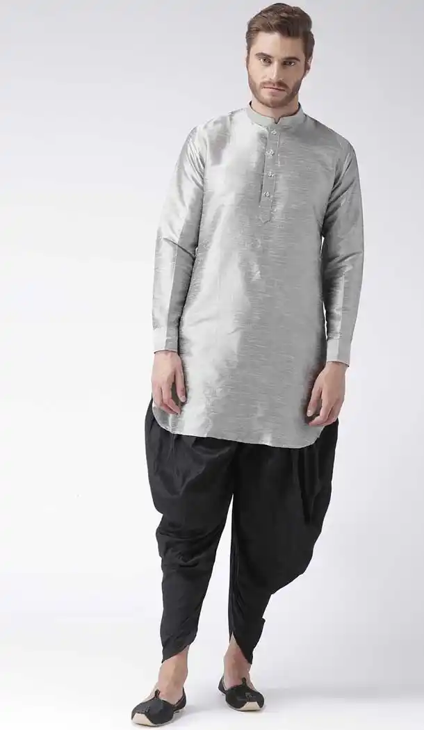 Grey Color Art Dupion Silk Designer Party Wear Readymade Dhoti Kurta -2115136247