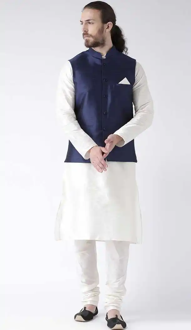 White Color Art Dupion Mens Readymade Kurta Pyjama With Jacket -2117136271