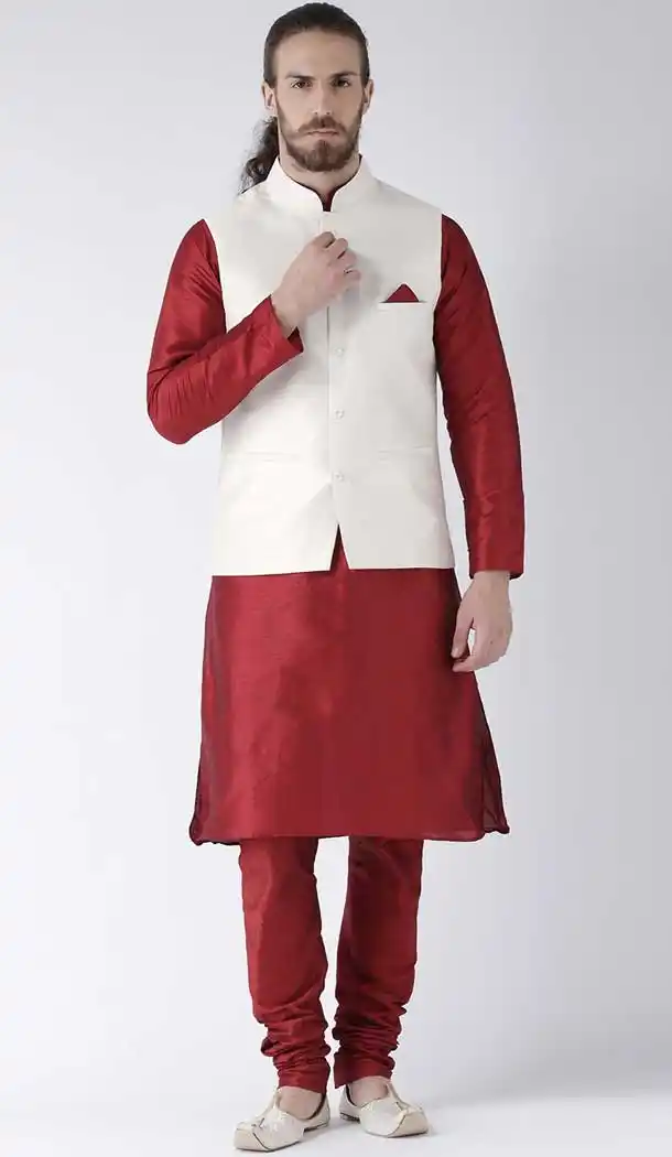 Tantalizing White Color Art Dupion Mens Readymade Kurta Pyjama With Jacket -2117136272