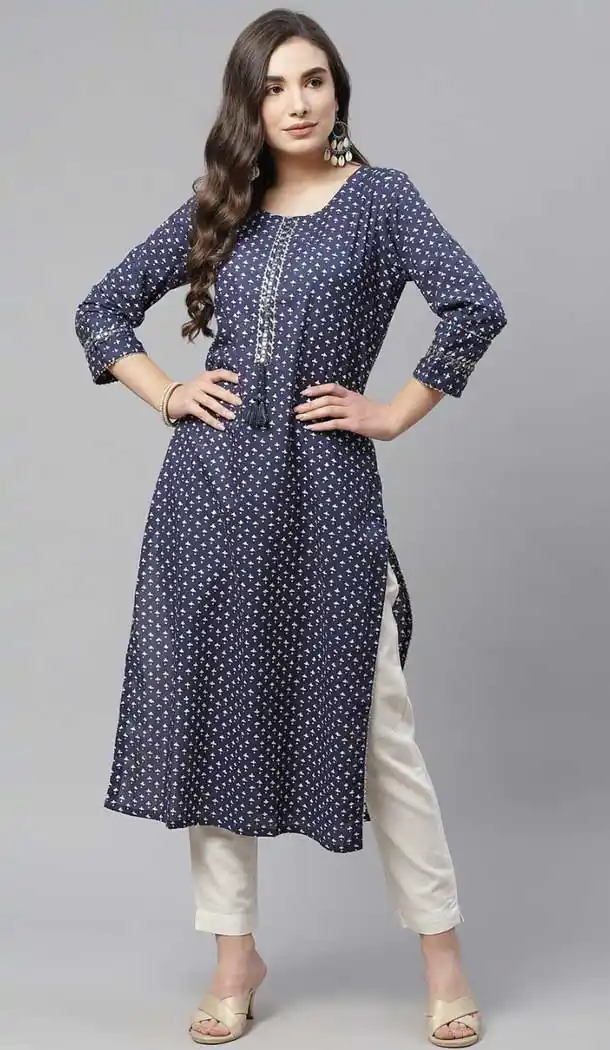 Navy Blue Color Cotton Designer Party Wear Anarkali Style Plus Size Kurti -2120136317