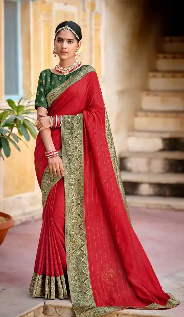 Red Color Vichitra Silk Weaving Work Casual Party Wear Saree Blouse -2123136338