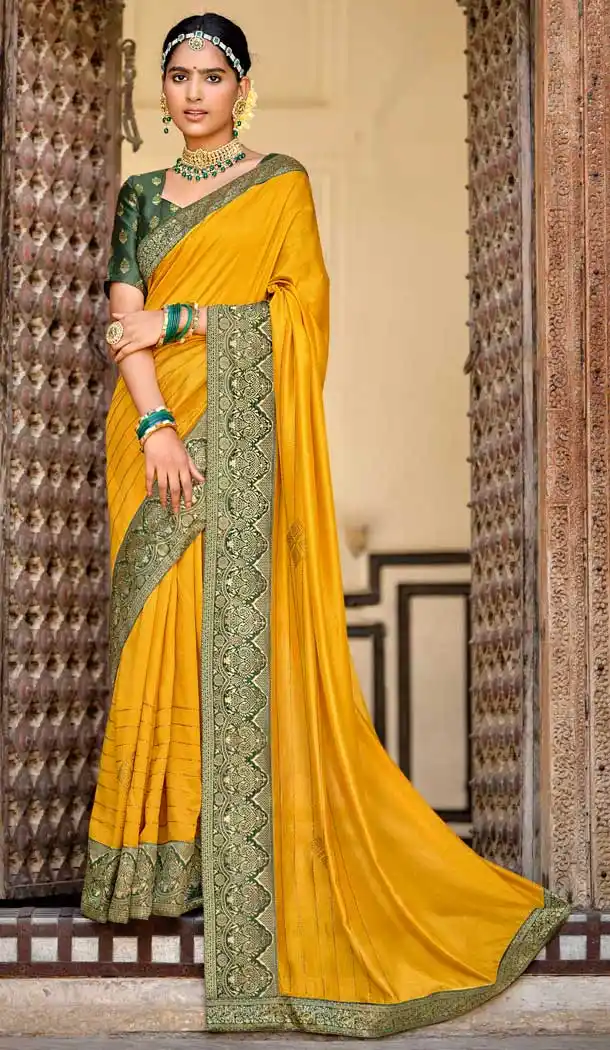 Yellow Color Vichitra Silk Weaving Work Casual Party Wear Saree Blouse -2123136339