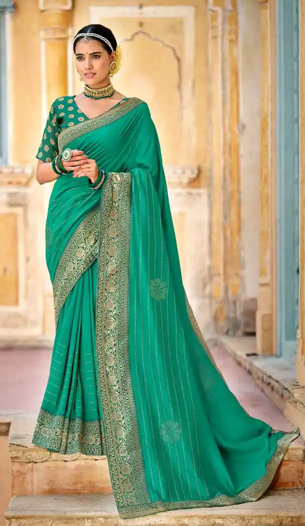 Sea Green Color Vichitra Silk Weaving Work Casual Party Wear Saree Blouse -2123136342