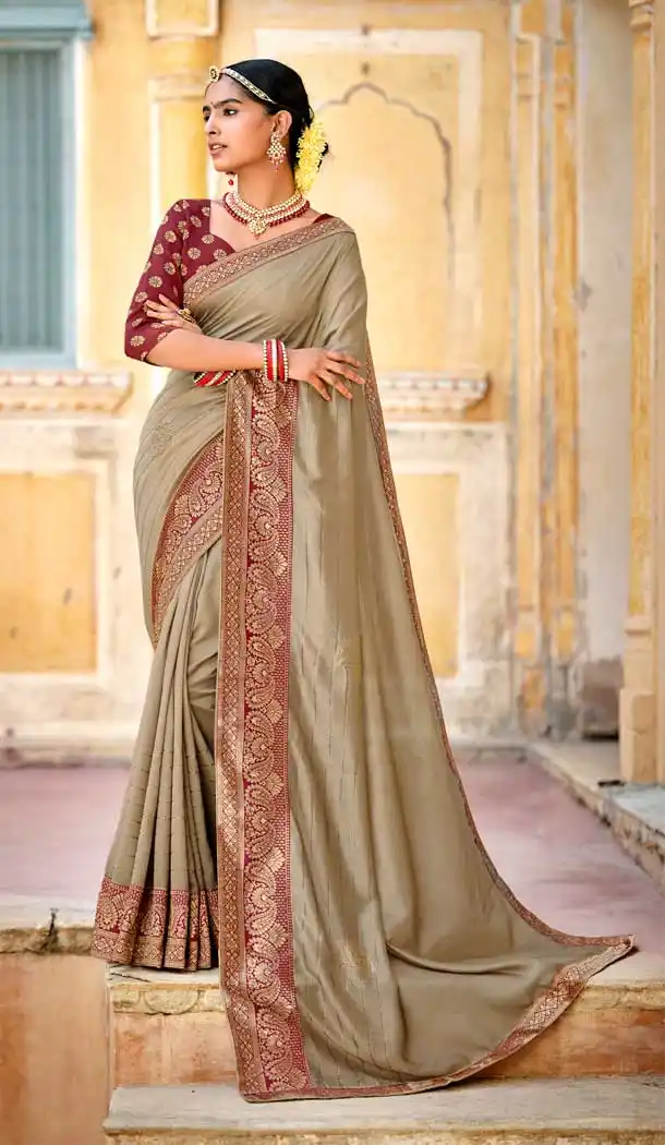 Beige Color Vichitra Silk Weaving Work Casual Party Wear Saree Blouse -2123136344