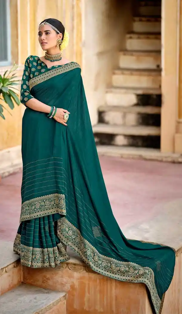 Teal Blue Color Vichitra Silk Weaving Work Casual Party Wear Saree Blouse -2123136345