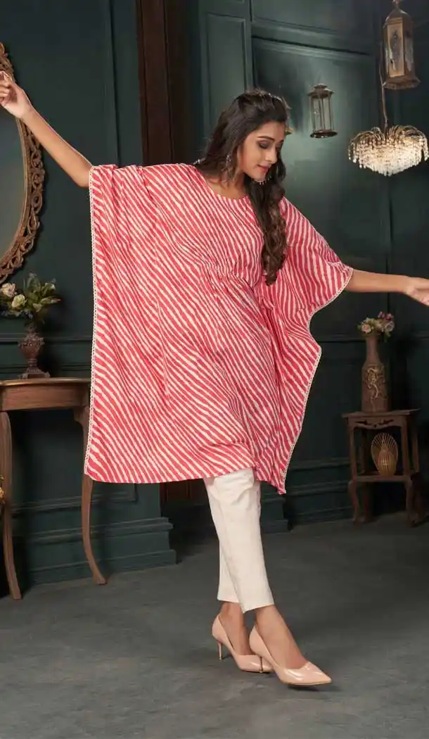 Red & White Color Heavy Cotton Cambric Readymade Kaftan Top -2128136371
