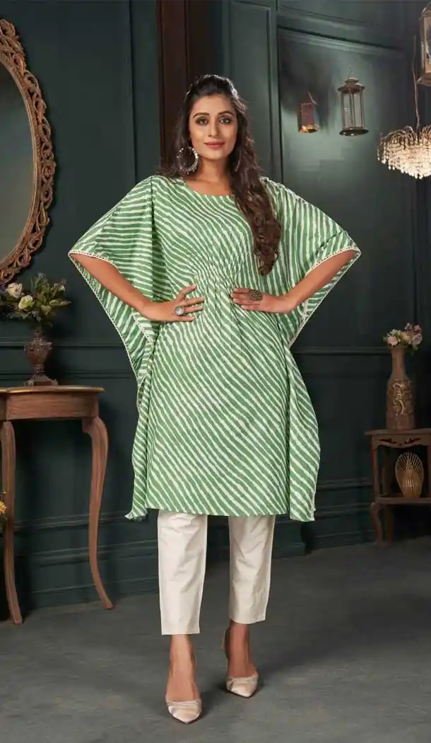 Green & White Color Heavy Cotton Cambric Readymade Kaftan Top -2128136372