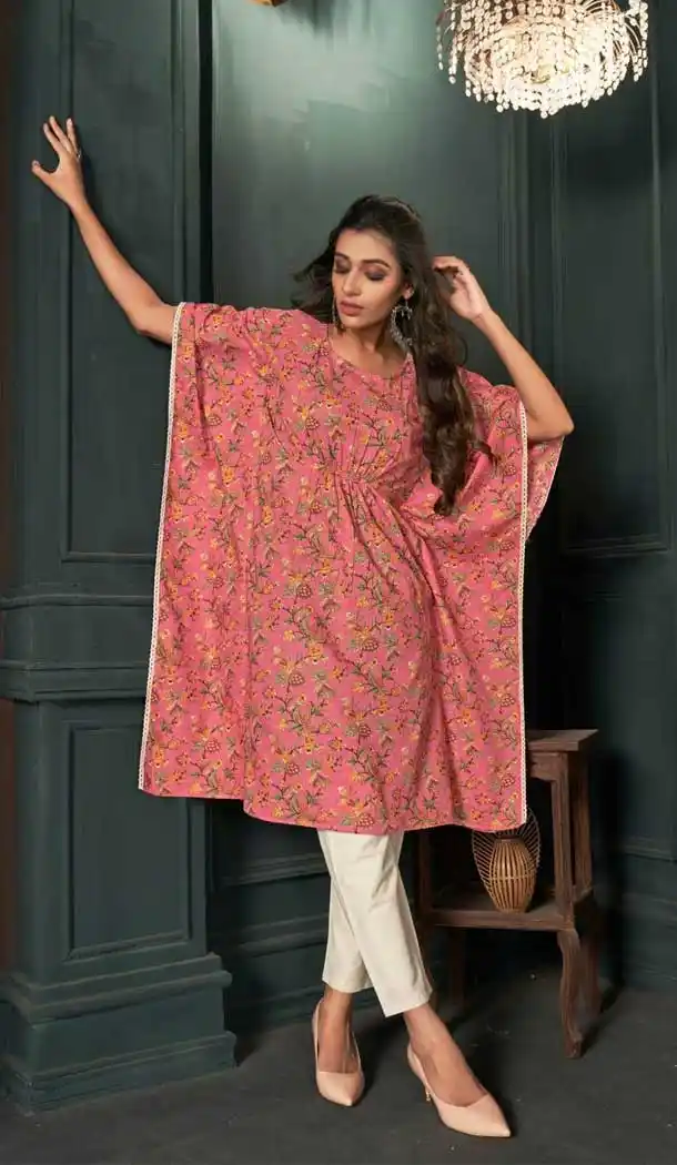 Peach Pink Color Heavy Cotton Cambric Readymade Kaftan Top -2128136373