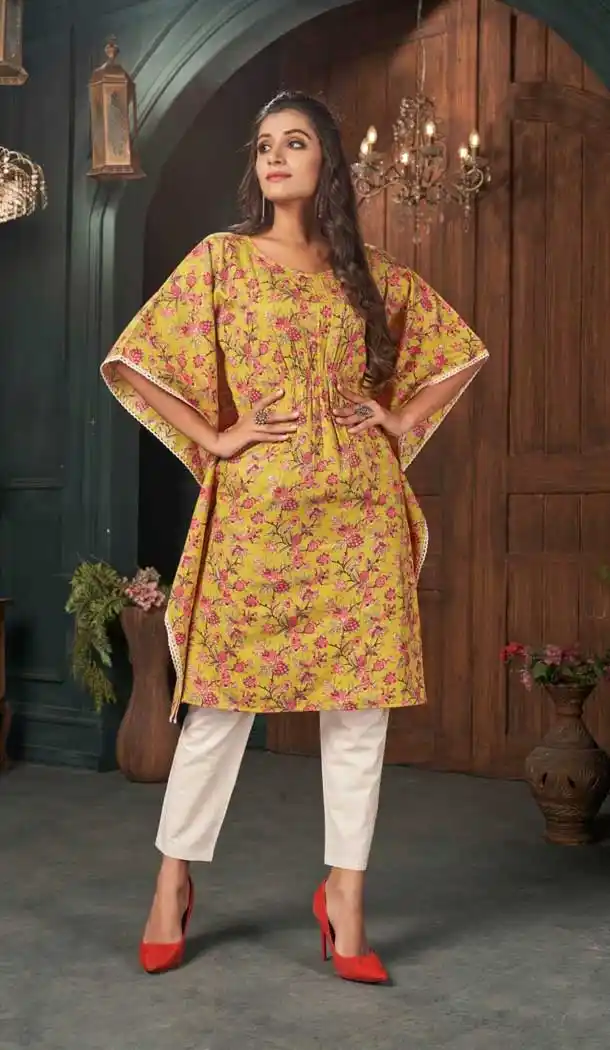 Yellow Color Heavy Cotton Cambric Readymade Kaftan Top -2128136375