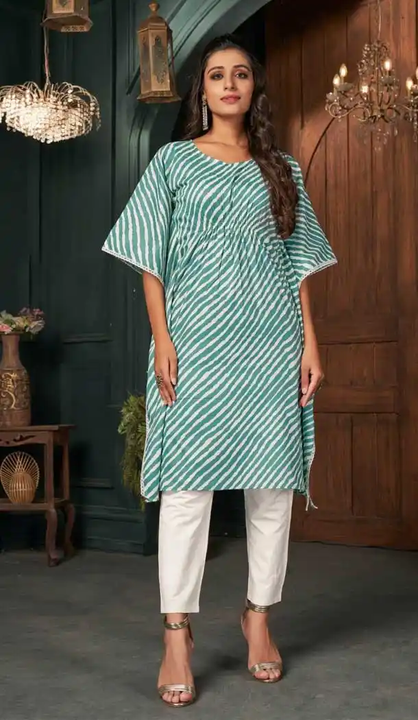 White & Sky Blue Color Heavy Cotton Cambric Readymade Kaftan Top -2128136376