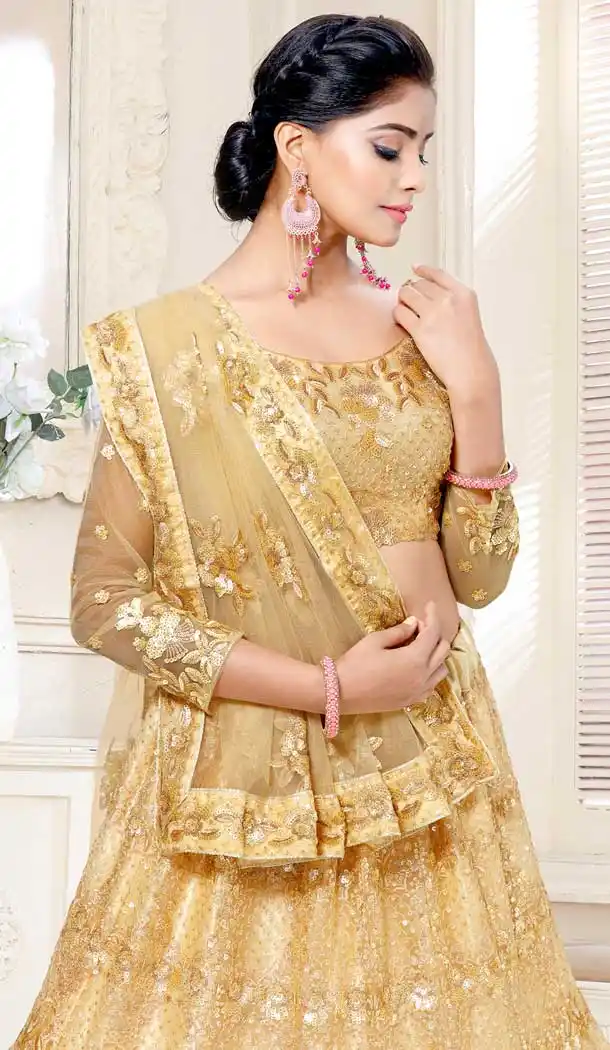 Gold Color Bridal Net Designer Wear Traditional Lehenga Choli -2159136733