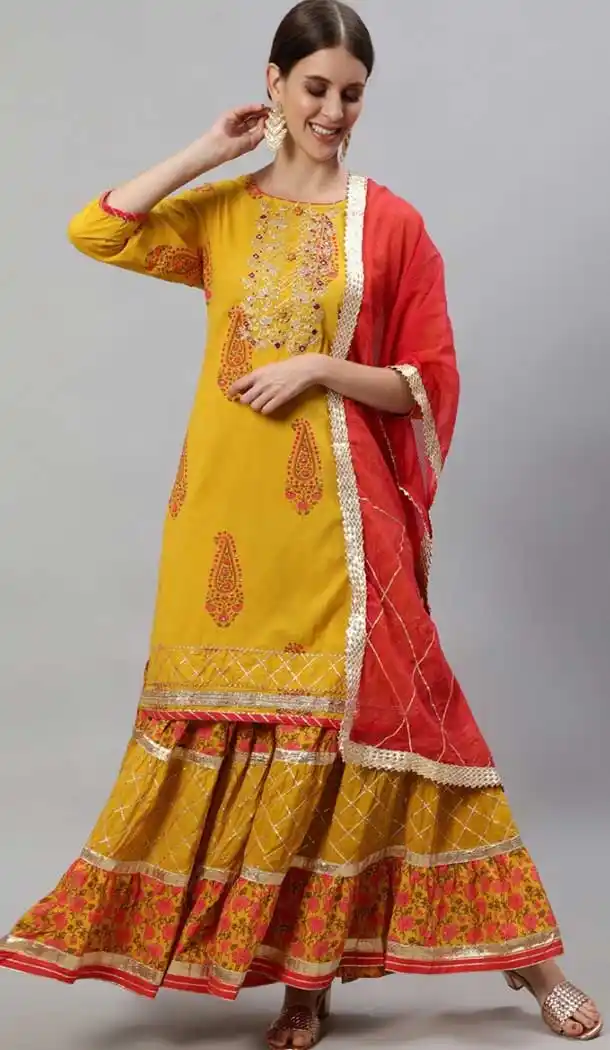 Mustard Yellow Color Cotton Designer Punjabi Style Readymade Kurti Set -2170136802