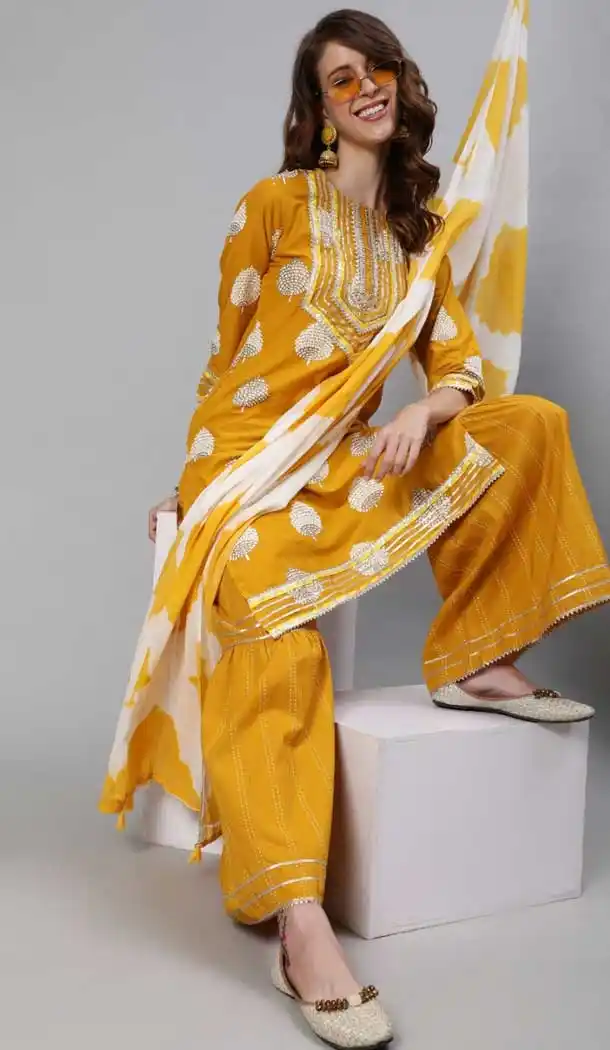 Yellow Color Cotton Designer Partywear Readymade Kurti Set -2170136803