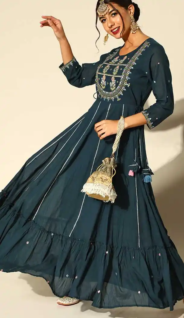 Teal Blue Color Cotton Designer Anarkali Readymade Kurti Set -2170136804