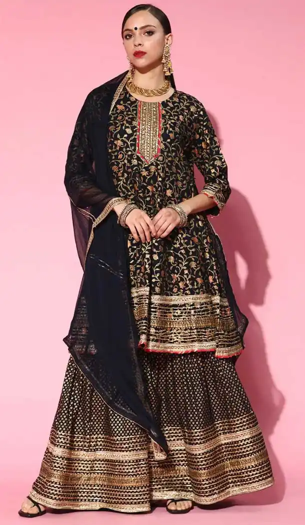 Black Color Cotton Designer Party Wear Readymade Kurti Set -2170136806