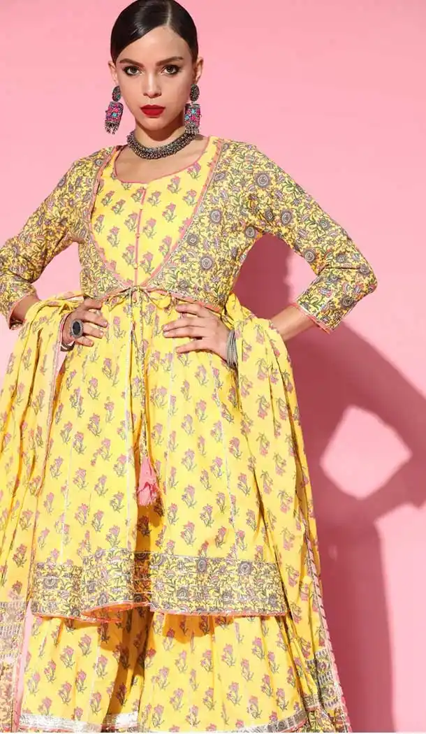Bright Yellow Color Cotton Designer Party Wear Readymade Kurti Set -2170136807