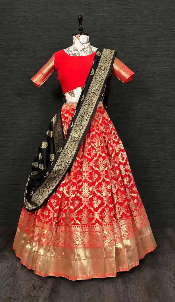 Chic Brick Red Color Banarasi Silk Jecquard Weaving Work Lehenga Choli -2181136930