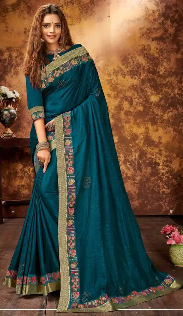 Teal Blue Color Chanderi Silk Classic Casual Office Wear Saree -2171136814