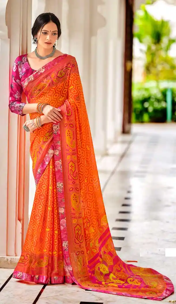 Orange Color Brasso Printed Work Casual Party Wear Saree Blouse -2223137305