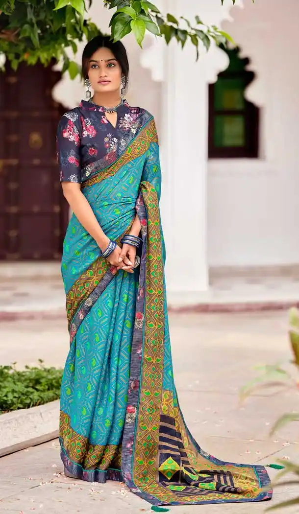 Sky Blue Color Brasso Printed Work Casual Party Wear Saree Blouse -2223137306