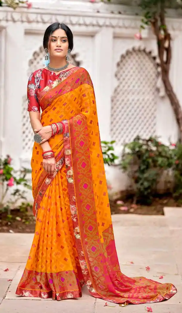 Yellow Color Brasso Printed Work Casual Party Wear Saree Blouse -2223137307