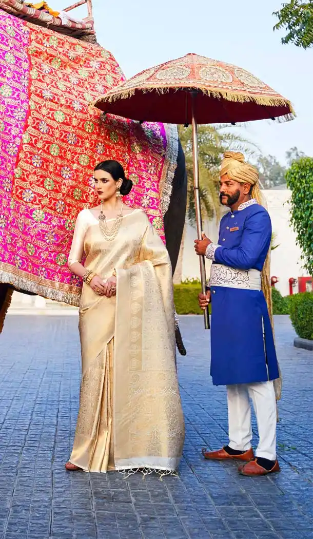 Golden Color Pure Silk Jacquard Work Traditional Wear Saree -2234137411