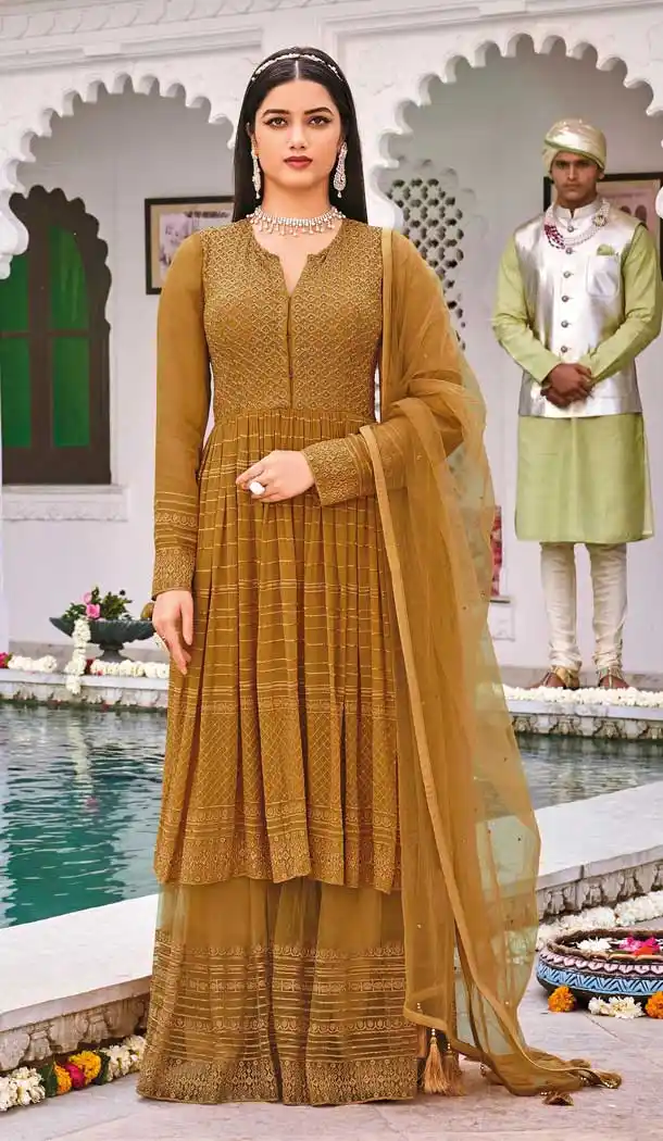 Mustered Color Pure Georgette Heavy Designer Festive Wear Gharara Suit -2246137478