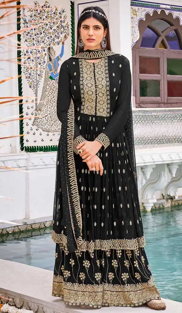 Black Color Pure Georgette Heavy Designer Festive Wear Gharara Suit -2246137479