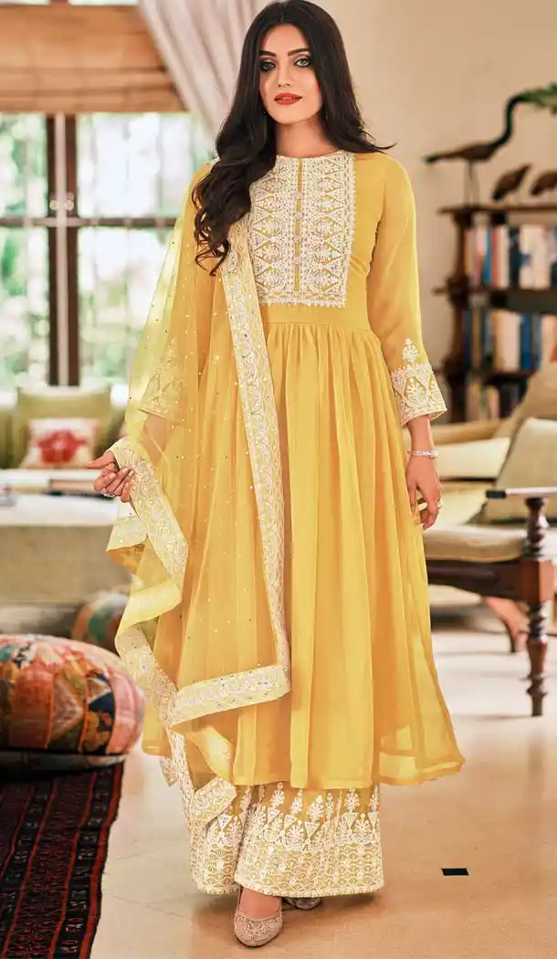 Yellow Color Faux Georgette Pakistani Style Evening Wear Palazzo Suit -2247137481