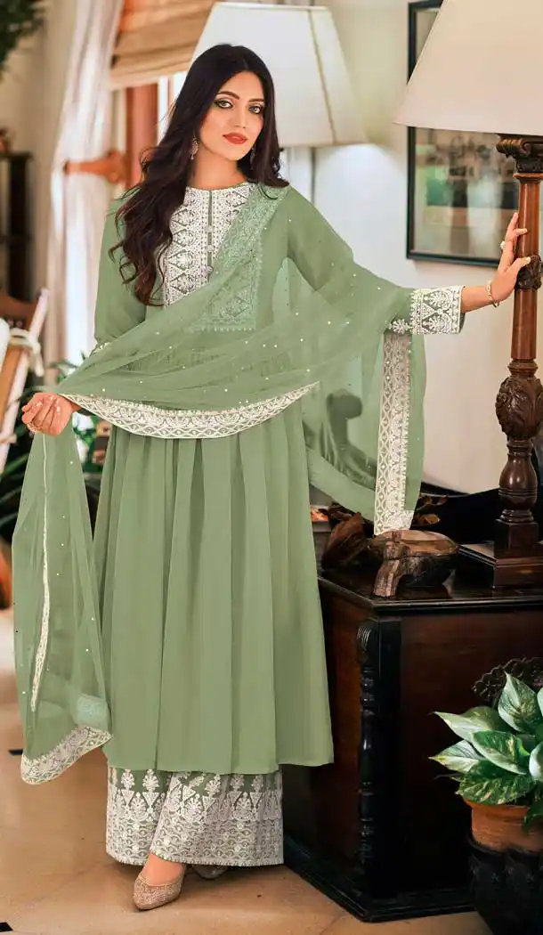 Sea Green Color Faux Georgette Pakistani Style Evening Wear Palazzo Suit -2247137482