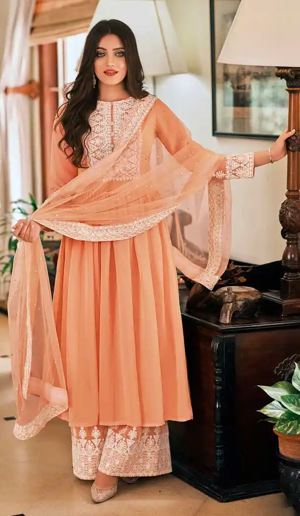 Peach Color Faux Georgette Pakistani Style Evening Wear Palazzo Suit -2247137484