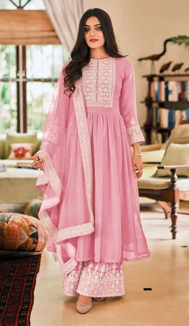 Beutiful Pink Color Faux Georgette Pakistani Style Evening Wear Palazzo Suit -2247137485