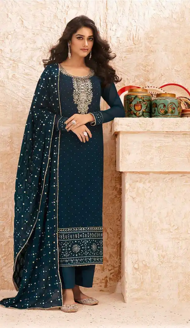 Teal Blue Color Faux Georgette Embroidered Evening Wear Salwar Suit -2248137487