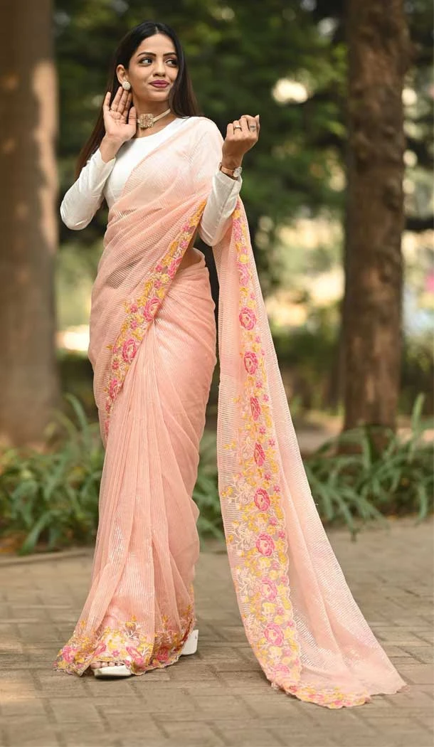 Peach Color Soft Net With Ultra Satin Designer Party wear Saree -2252137522