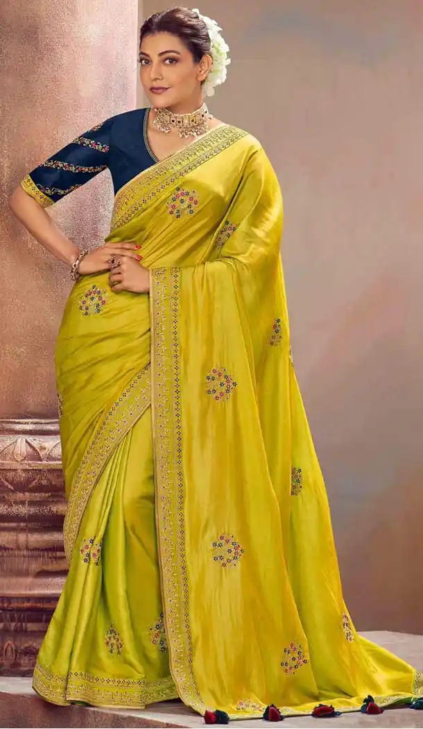 Lemon Yallow Color Moss Chiffon Party Wear Kajal Aggarwal Saree -2280138046