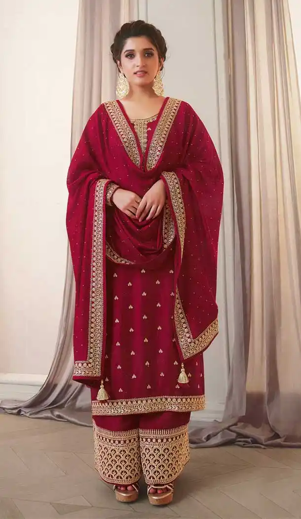Stunning Rose Pink Color Silk Georgette Festive Wear Palazzo Suit -2244137462
