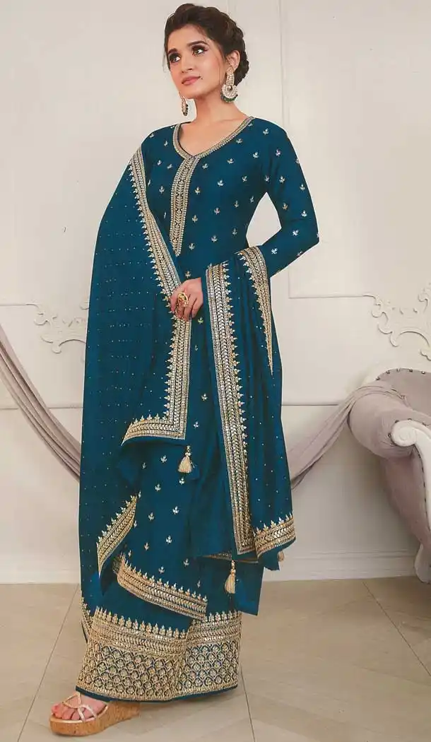 Amazing Teal Blue Color Silk Georgette Festive Wear Palazzo Suit -2244137463